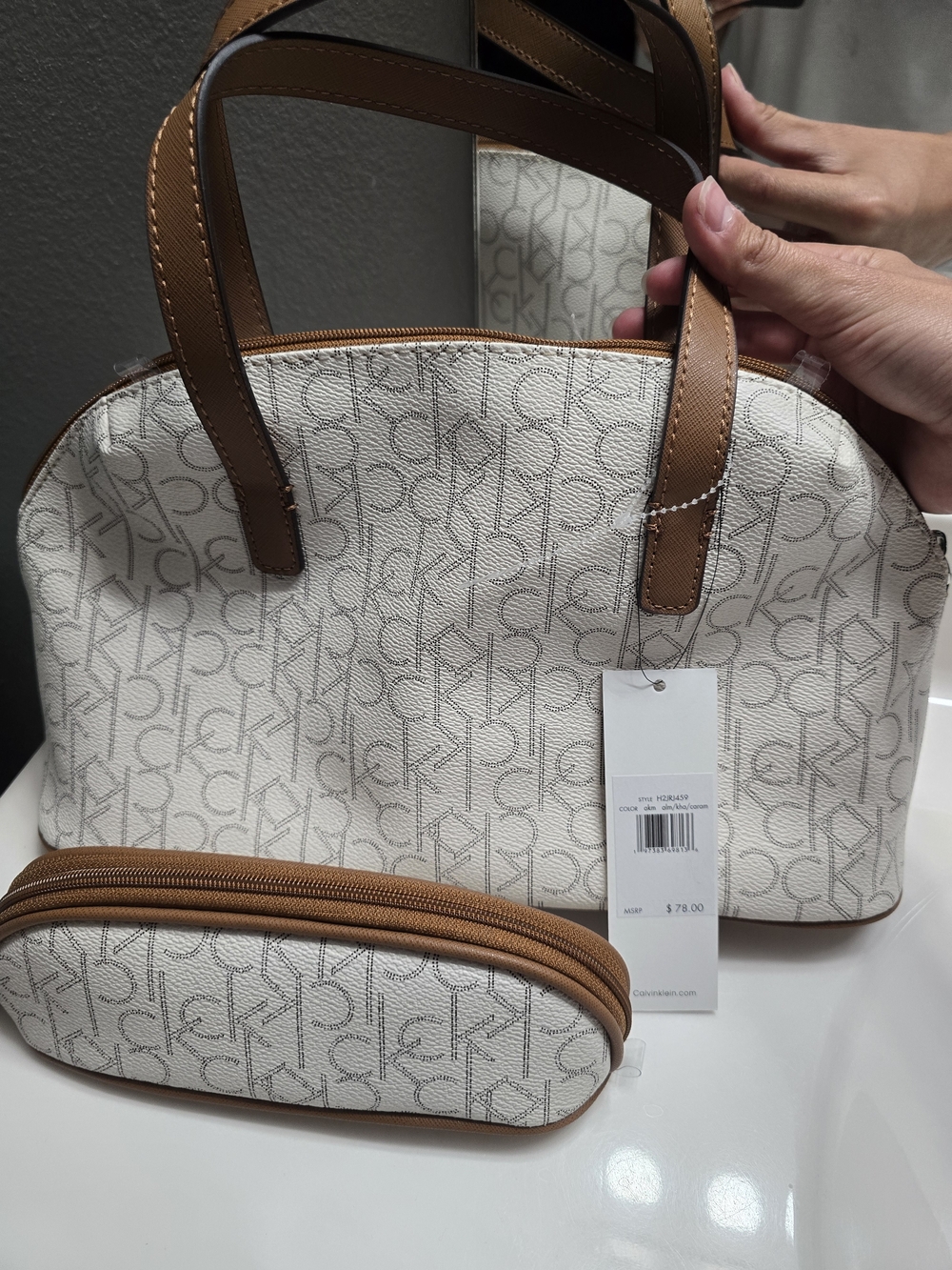 Calvin Klein White Logo Satchel with Tan Trim